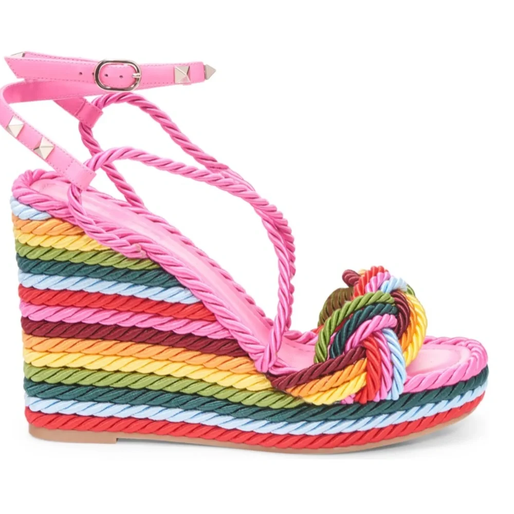 NIB $890 VALENTINO Rockstud Torchon Rainbow Platform Wedge Sandal - size 11 / 41